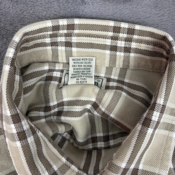 Vintage LL Bean Flannel Shirt Mens Large Tan Twill Plaid Outdoor Work - Picture 4 of 8